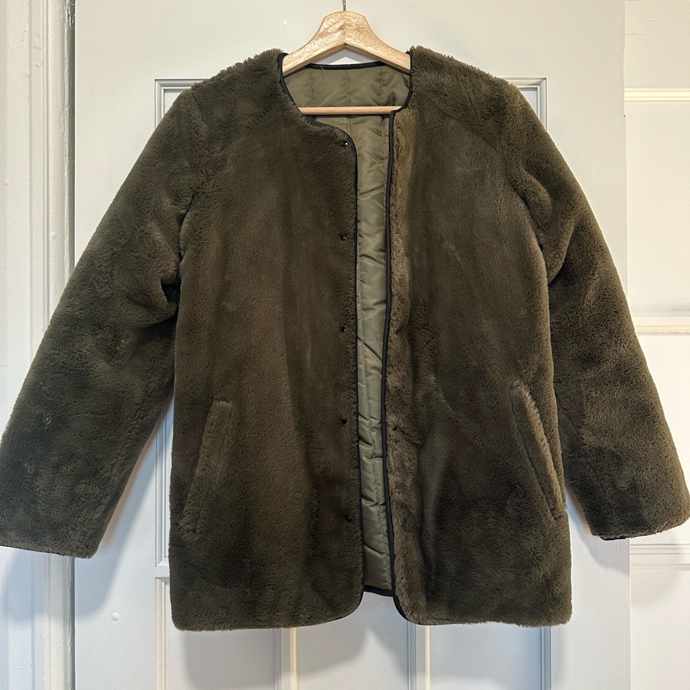 The Kooples Reversible Faux Fur & Quilted Jacket in Olive Green